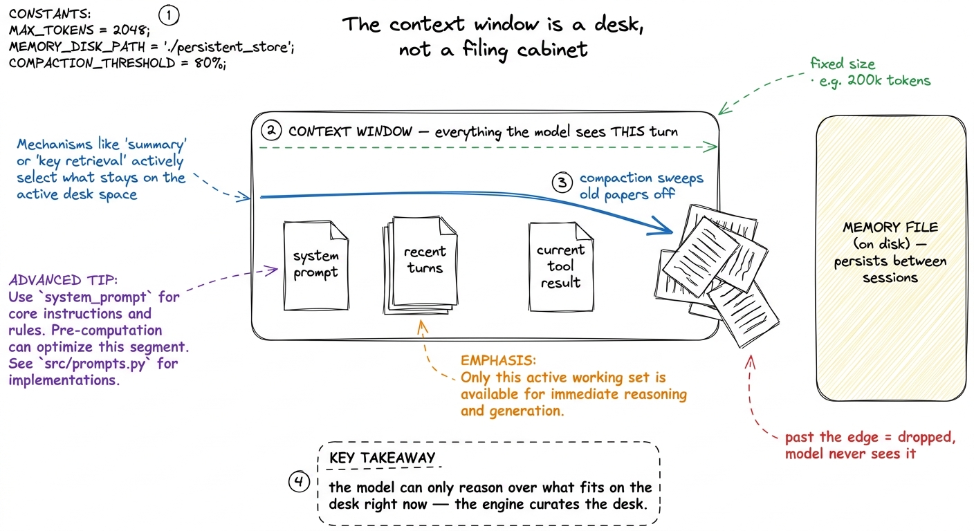 The context window is a fixed-size desk, not an infinite cabinet. The context engine keeps the desk uncluttered and spil