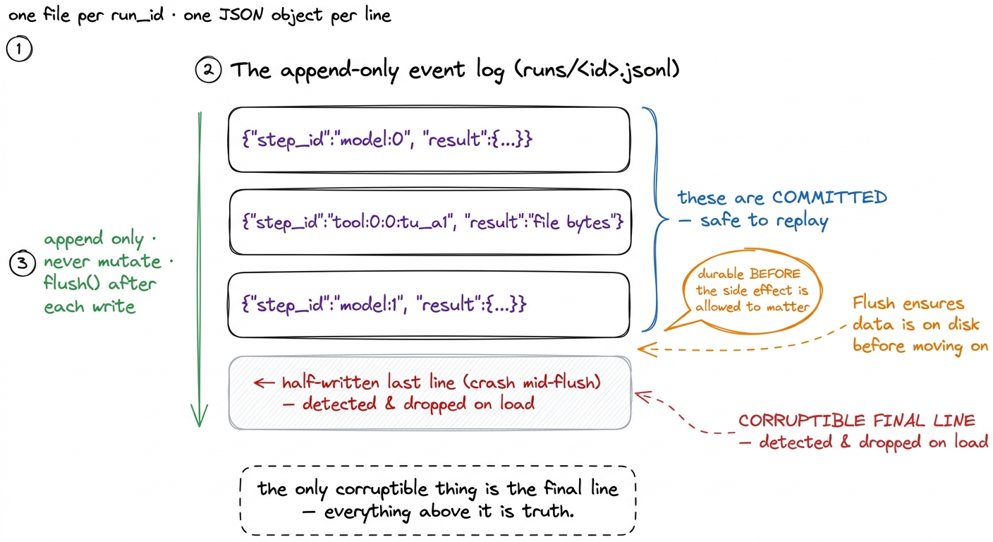 The event log is a JSONL file that only ever grows: one committed step per line, flushed to disk before its effect matte