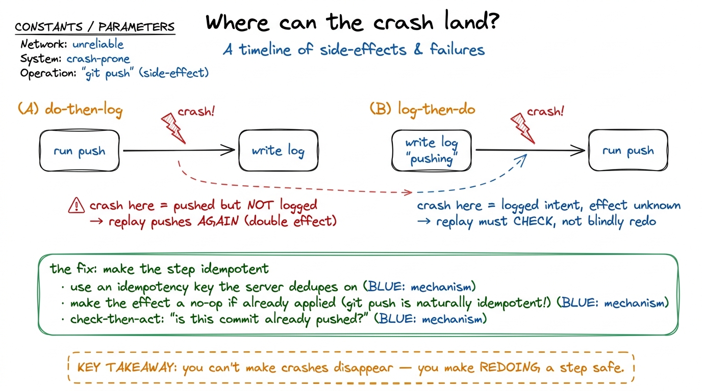 A crash can land on either side of the log-vs-effect ordering. The real fix isn't perfect ordering — it's making each si