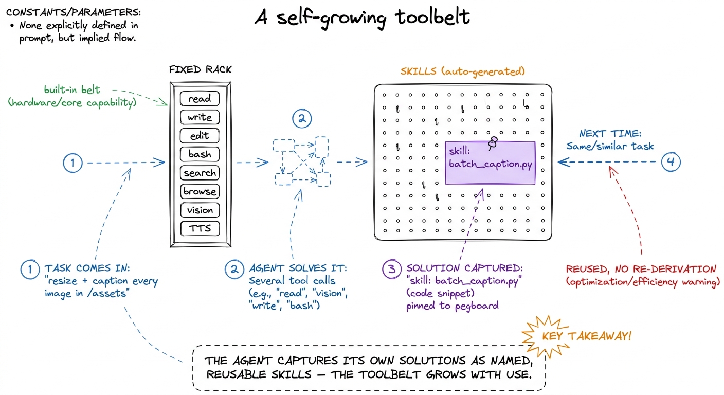 Hermes' toolbelt is not fixed: solved problems get captured as auto-generated skills and pinned back for reuse, so the a