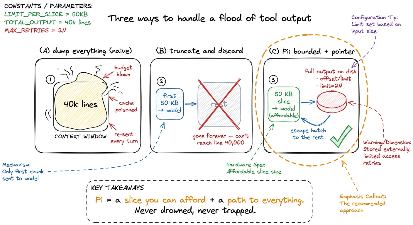 Three strategies: dump everything (blows the budget), truncate-and-discard (loses the tail forever), or Pi's bounded-sli