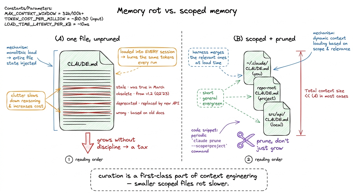 Memory rot: one unpruned file taxes every session and hides stale facts; scoped, pruned files that the harness merges at