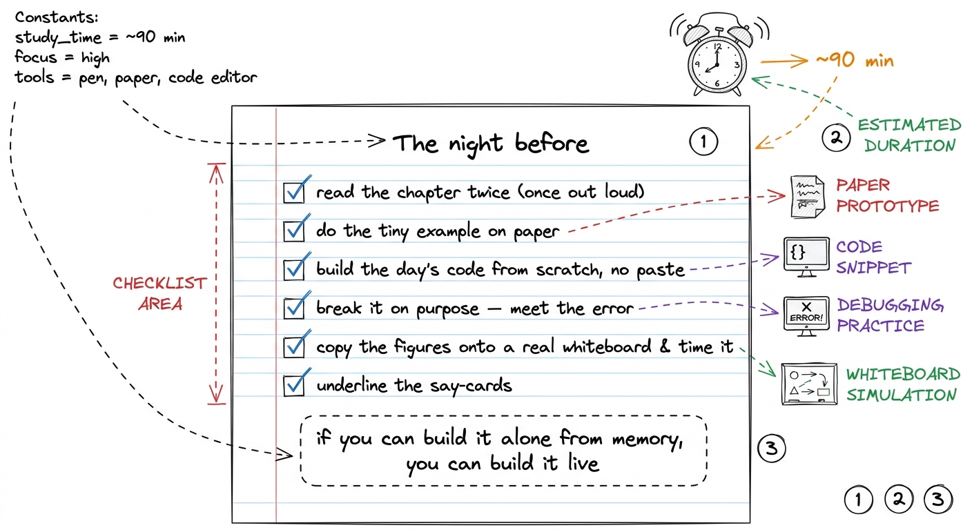 The night-before ritual as a six-item checklist — the whole prep in one page.