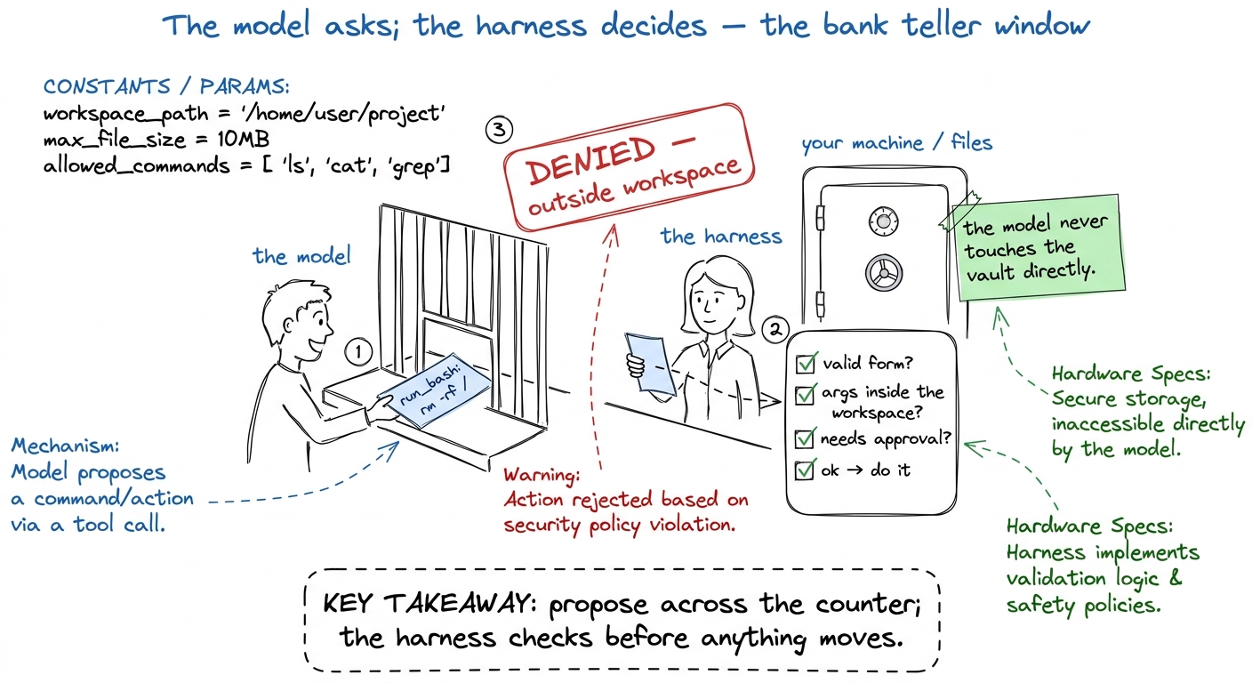 Guardrails drawn as a bank teller window: the model can ask for anything, but the harness inspects, gates, and only then