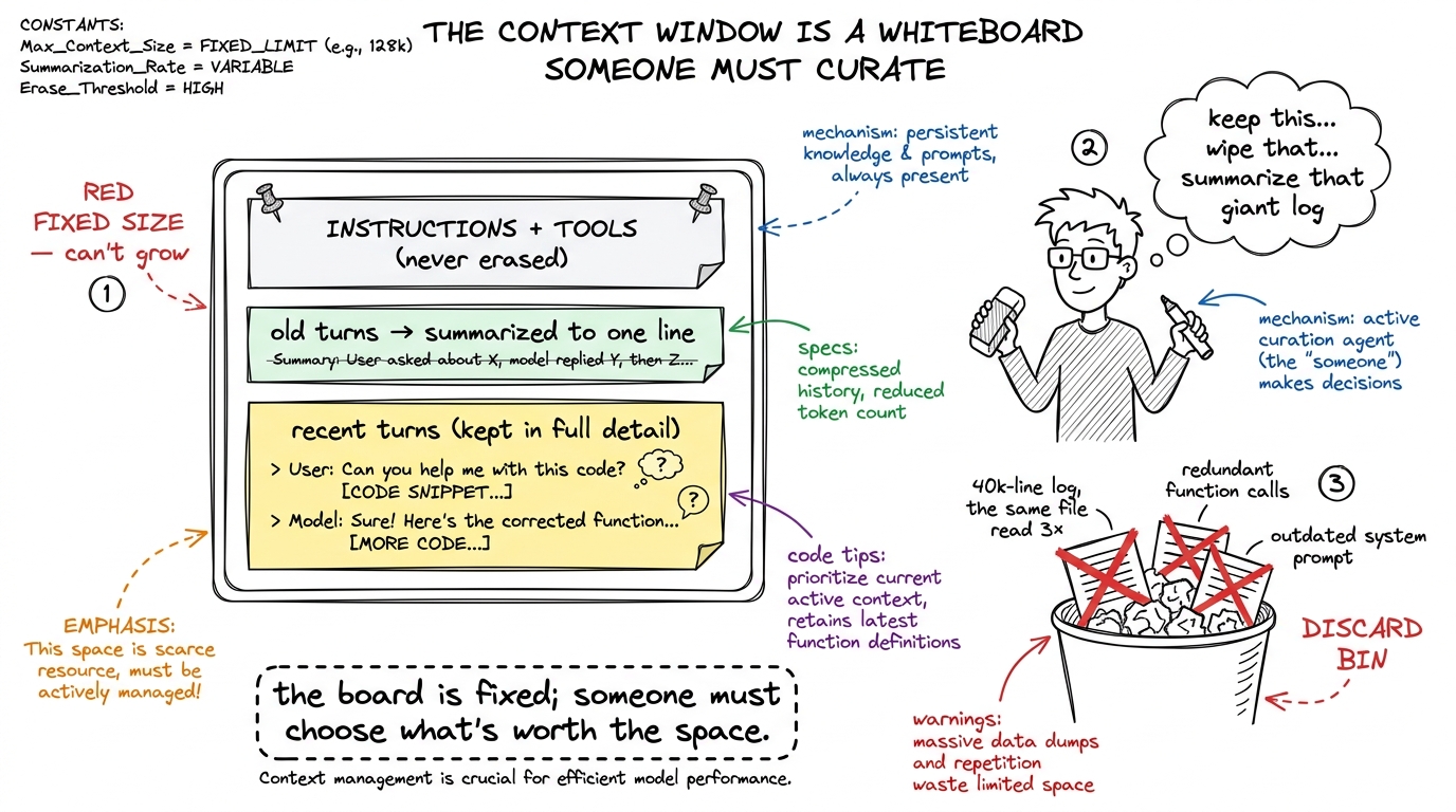 The context engine drawn as a curator at a fixed whiteboard, keeping instructions and recent turns while summarizing or 