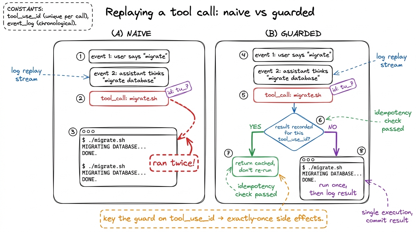 Block D's core board: naive replay double-fires side effects; guarding on tool_use_id returns the cached result instead 