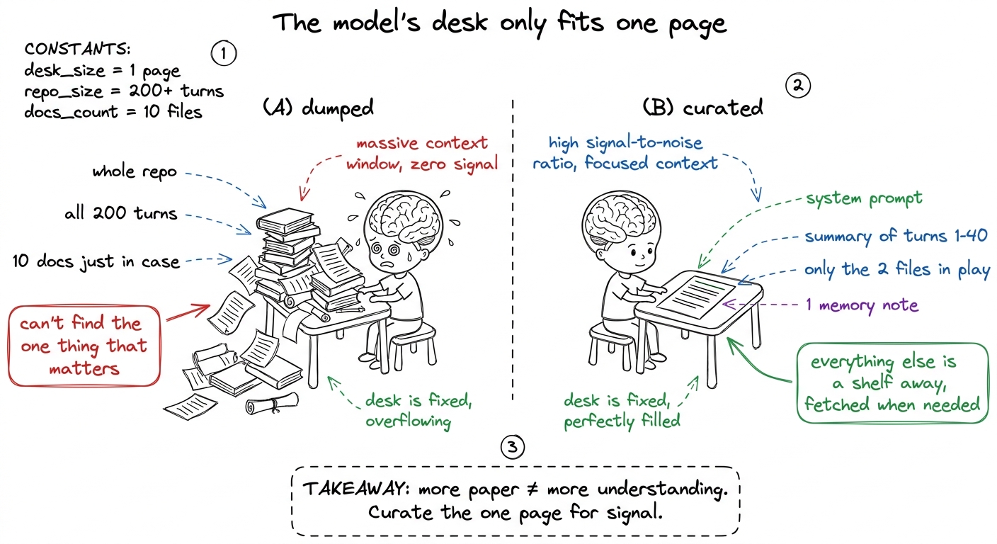 Context engineering as choosing the one page on a tiny desk: dump the whole library and the student drowns; curate one h