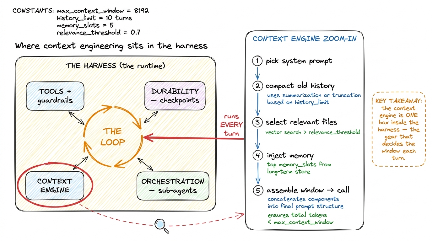 Zooming into the harness: the context engine is a single subsystem among several — the one gear that assembles the windo