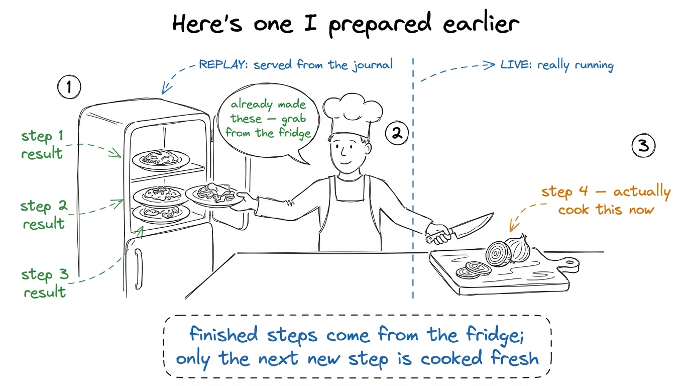 Replay as a cooking show: finished steps are pulled ready-made from the fridge (the journal); only the first unfinished 