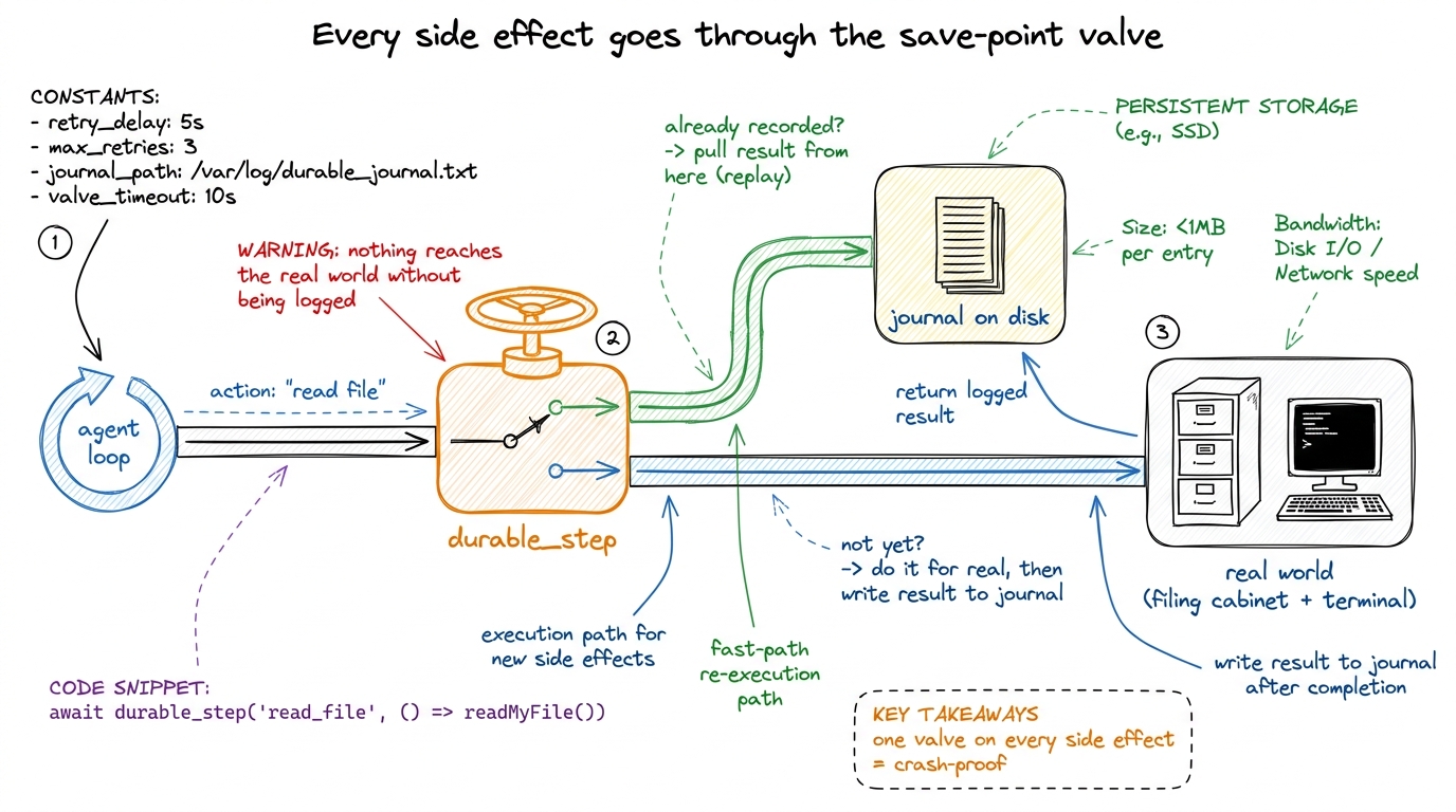 Durable execution as plumbing: a single save-point valve sits on every side effect, either replaying from the journal or