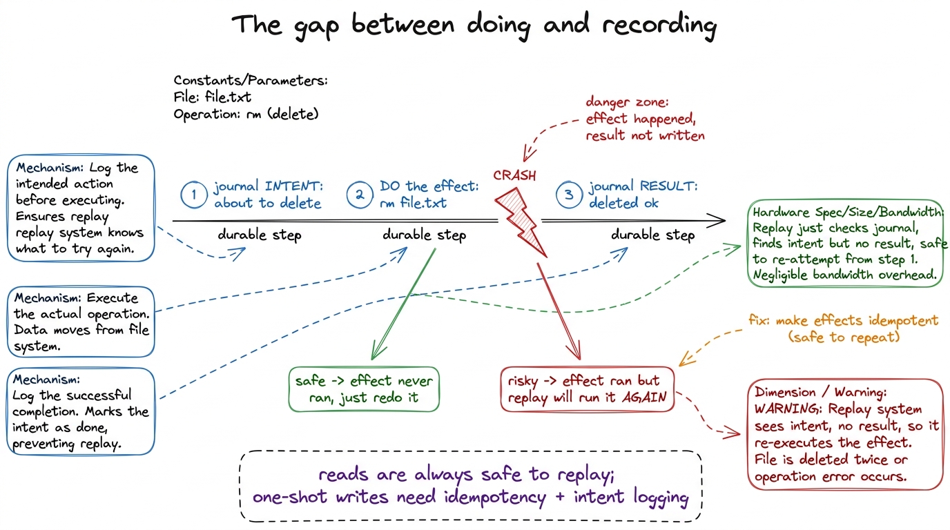 The hard edge of durability: a crash in the gap between doing an effect and recording it means replay repeats it — which