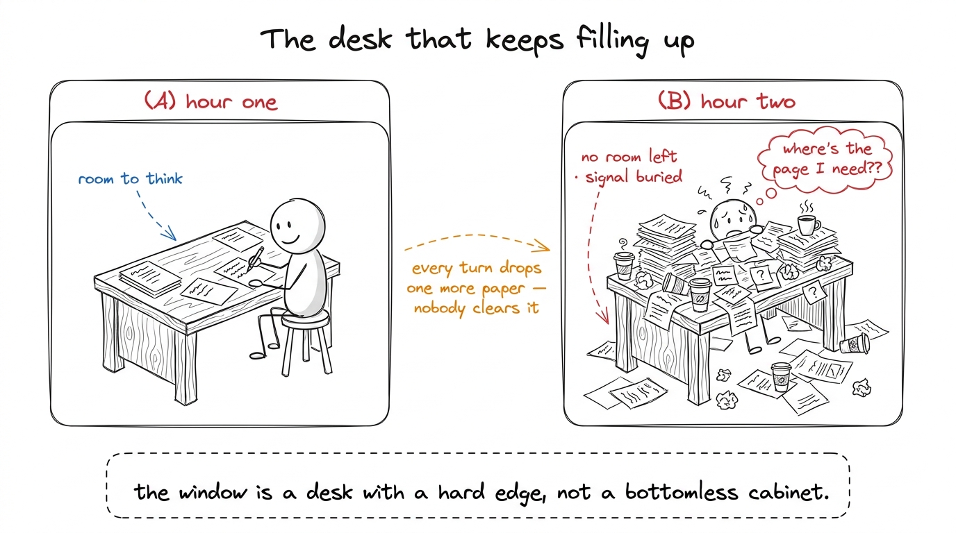 The founding picture: the context window is a small desk that fills with clutter every turn until there's no room to wor