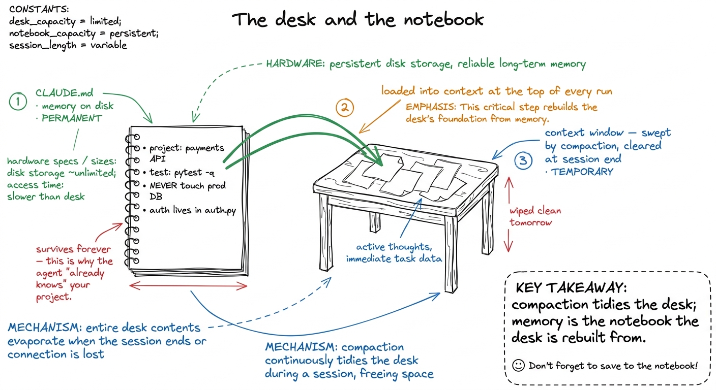 Memory as the permanent notebook beside the temporary desk: CLAUDE.md survives every sweep and every new session, and is