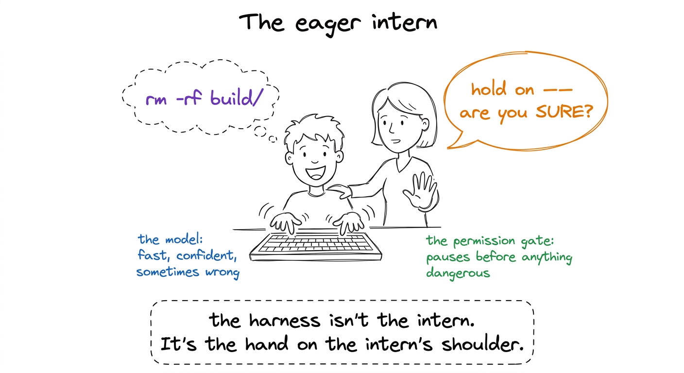 The permission gate as a calm senior standing behind an eager, blindingly-fast intern — ready to say 