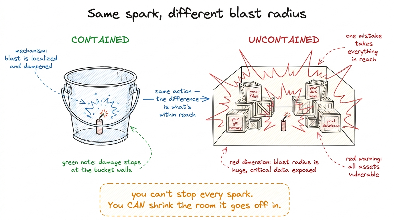Blast radius, drawn literally: the same mistake is trivial in a steel bucket and catastrophic in a warehouse. Containmen