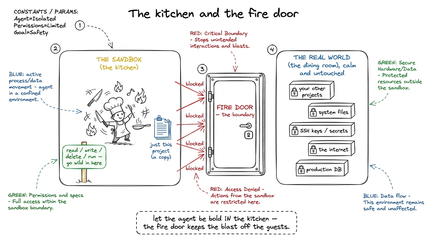 The sandbox as a kitchen with a fire door: the agent works fast inside a walled room, and the boundary keeps every mista