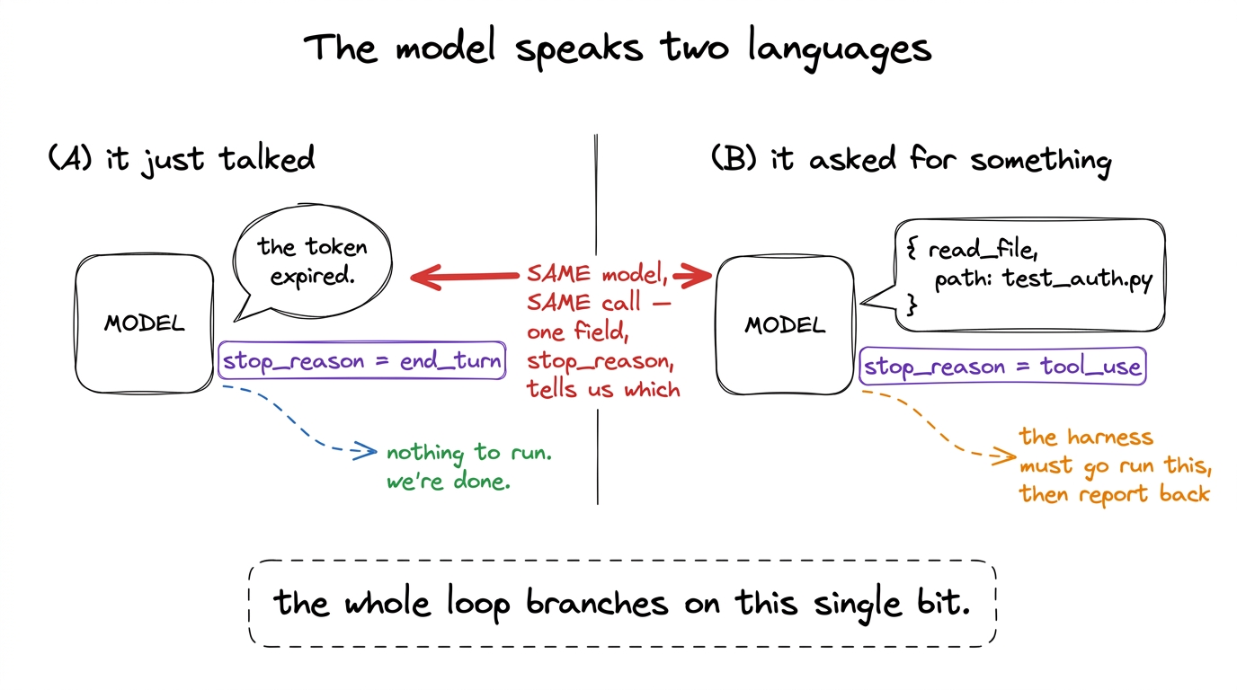 Every reply is either prose (end_turn) or a tool request (tool_use); the stop reason is the one bit the loop branches on