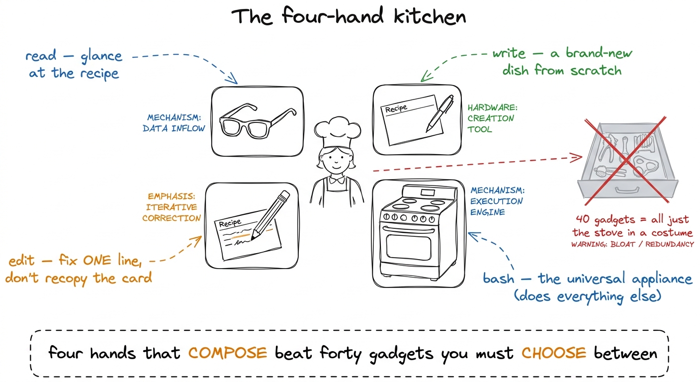 The governing metaphor: a coding agent is a cook with four composable hands — eyes, a fresh card, a pencil, and a stove 
