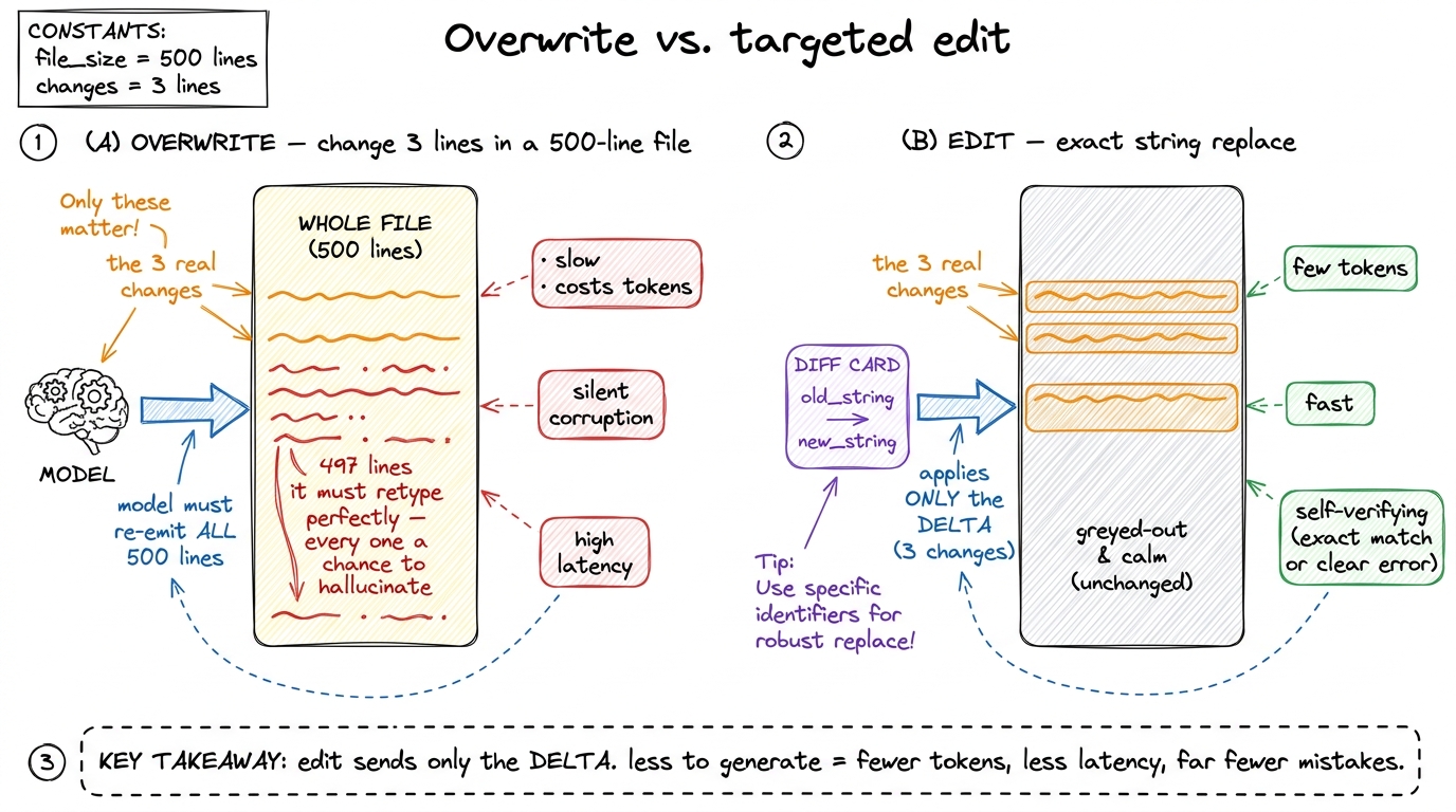 Overwrite forces the model to regenerate every line it meant to leave alone; a targeted edit sends only the change and f