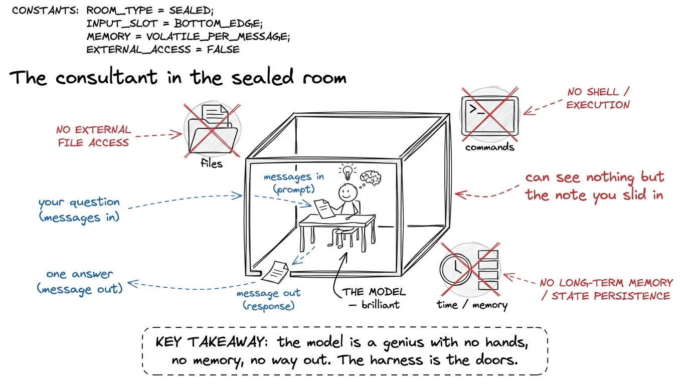 The starting point: a brilliant model sealed in a room — it can answer, but it cannot act, remember, or persist. Everyth