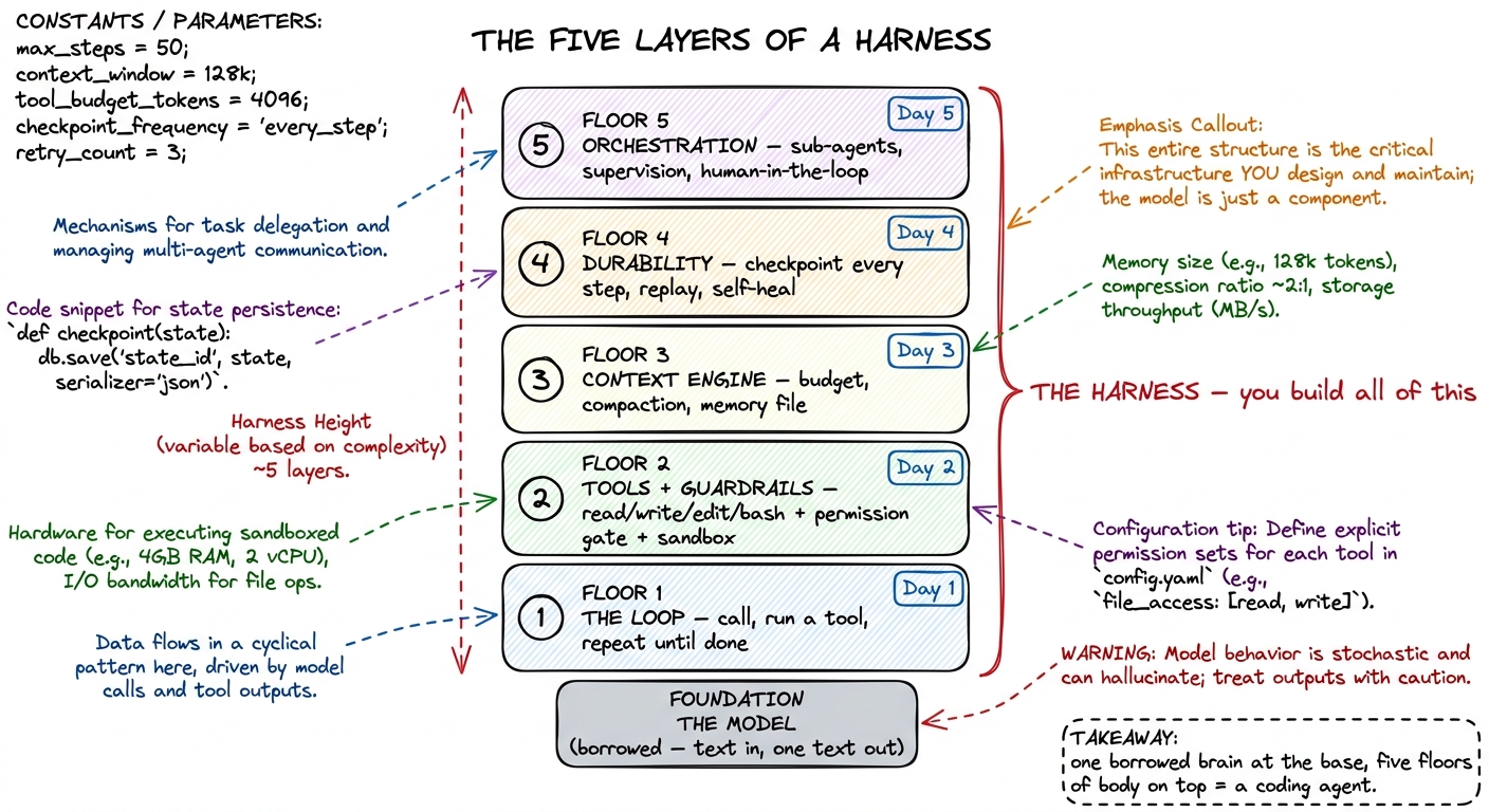 The map you draw on day one: a borrowed model at the foundation, then five floors — loop, tools, context, durability, or