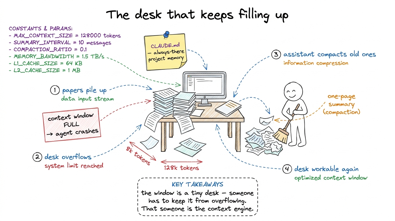 Floor 3, the context engine: the model's window is a small desk that overflows on long tasks; compaction sweeps old turn