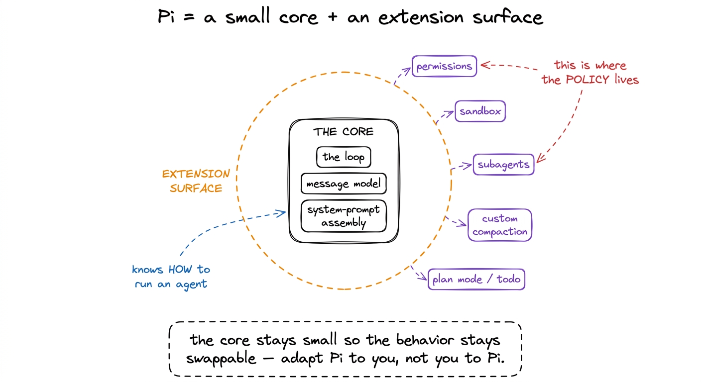 Pi is a minimal core that knows how to run an agent, ringed by an extension surface where the policy lives. Almost every