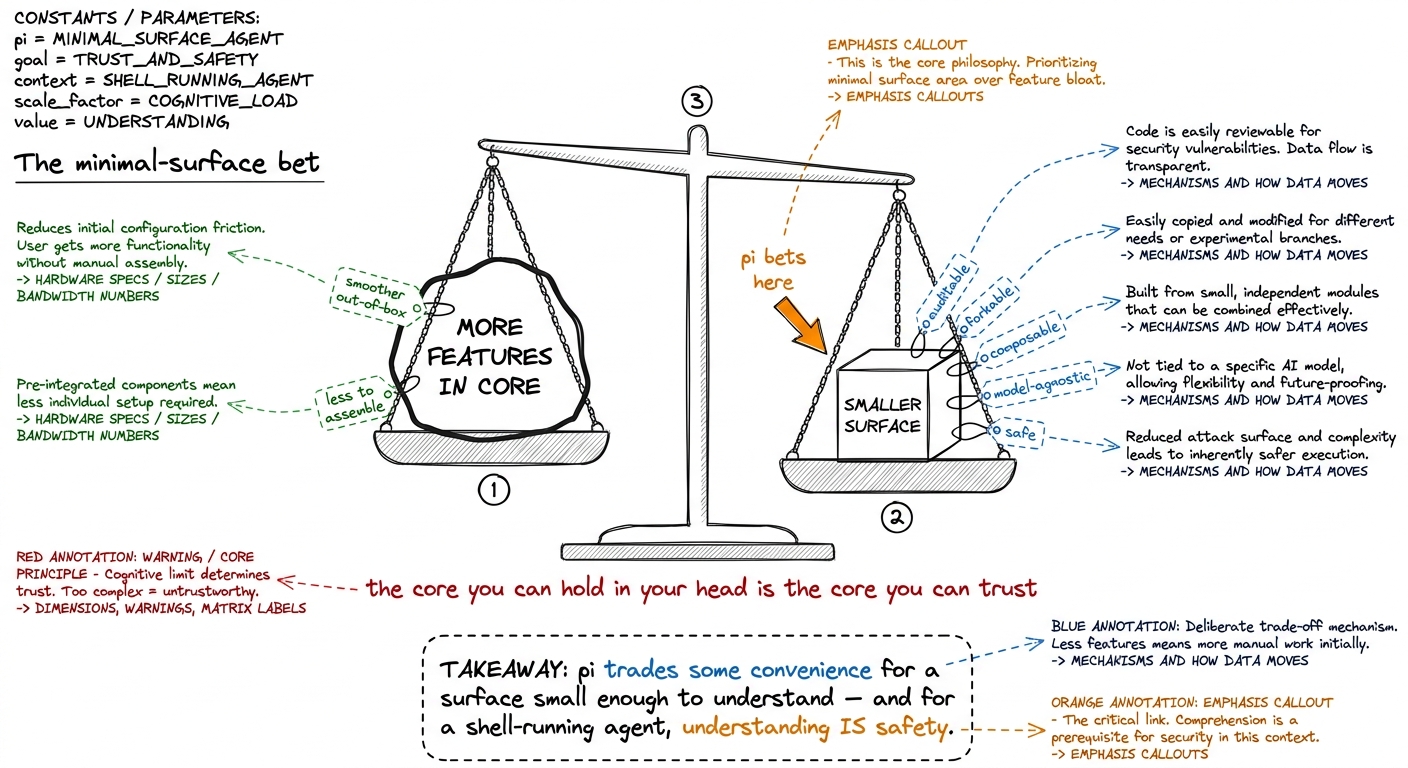 The minimal-surface bet: trade a little out-of-box convenience for a surface small enough to audit, fork, and trust. For