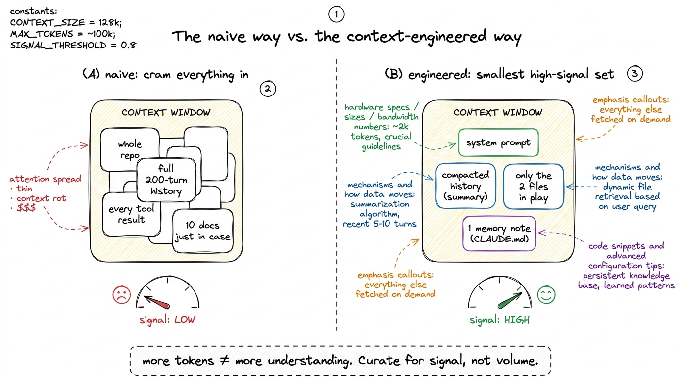 Context engineering is subtraction, not accumulation: the naive agent crams the window until attention rots; the enginee