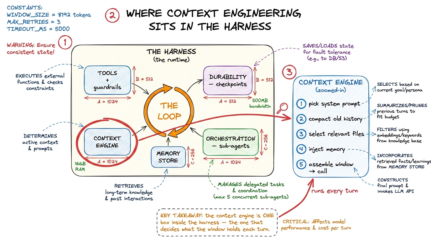 Zooming into the harness: the context engine is a single subsystem among several, the one gear that assembles the window