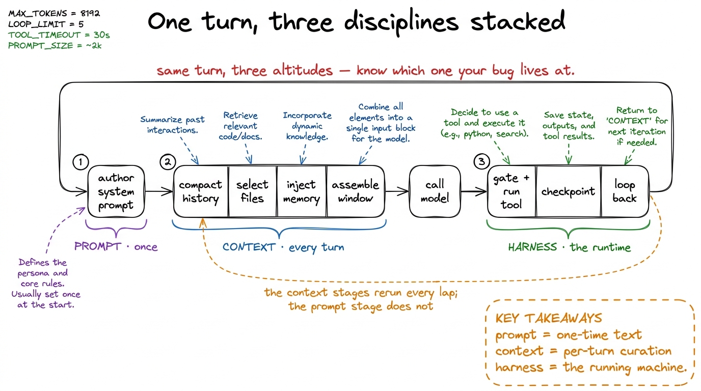 A single lap read at three altitudes: the prompt is authored once, the context is re-curated every turn, and the harness