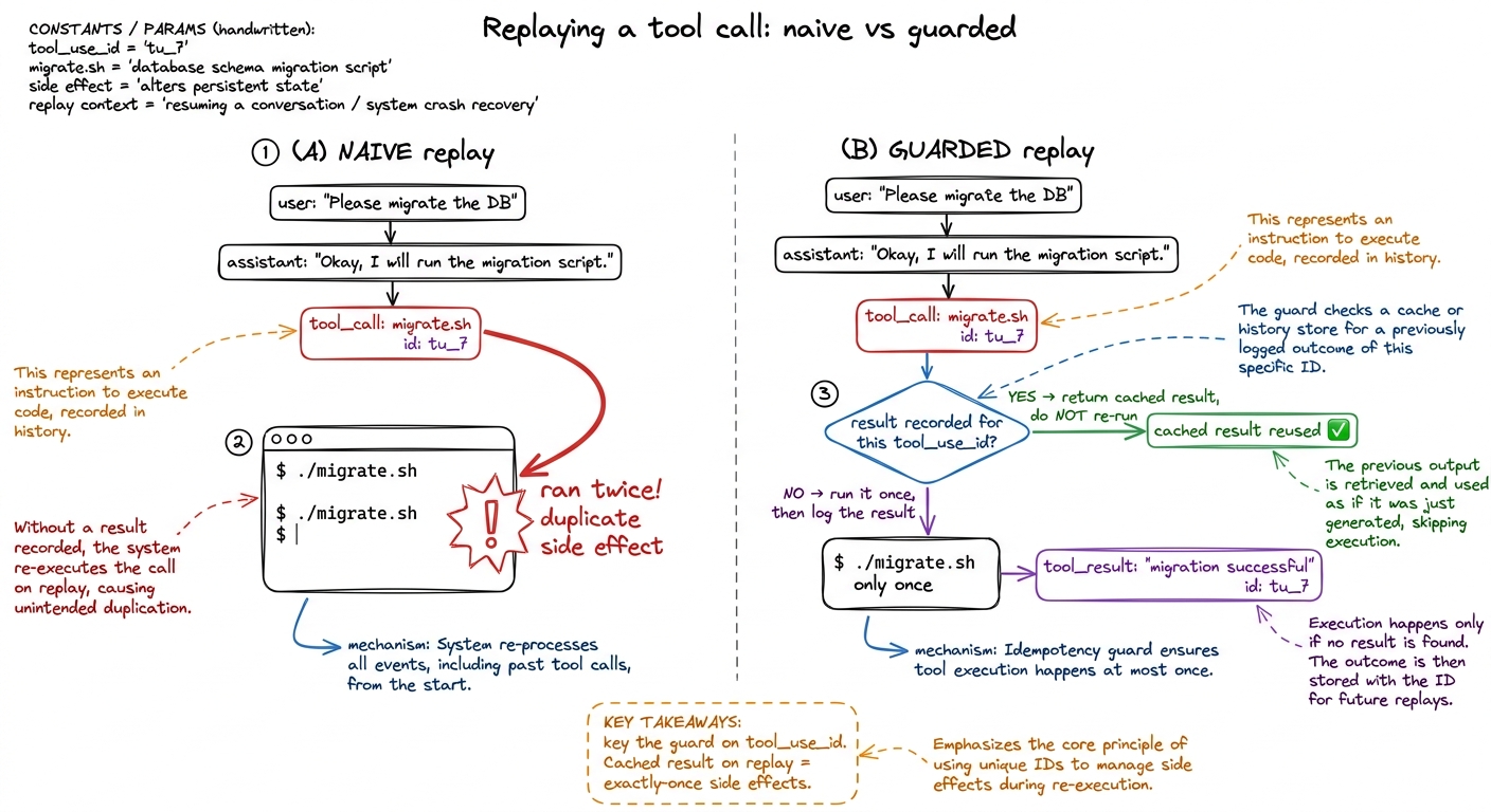 Naive replay re-runs unfinished tool calls and duplicates side effects. Guarded replay checks whether a result was alrea