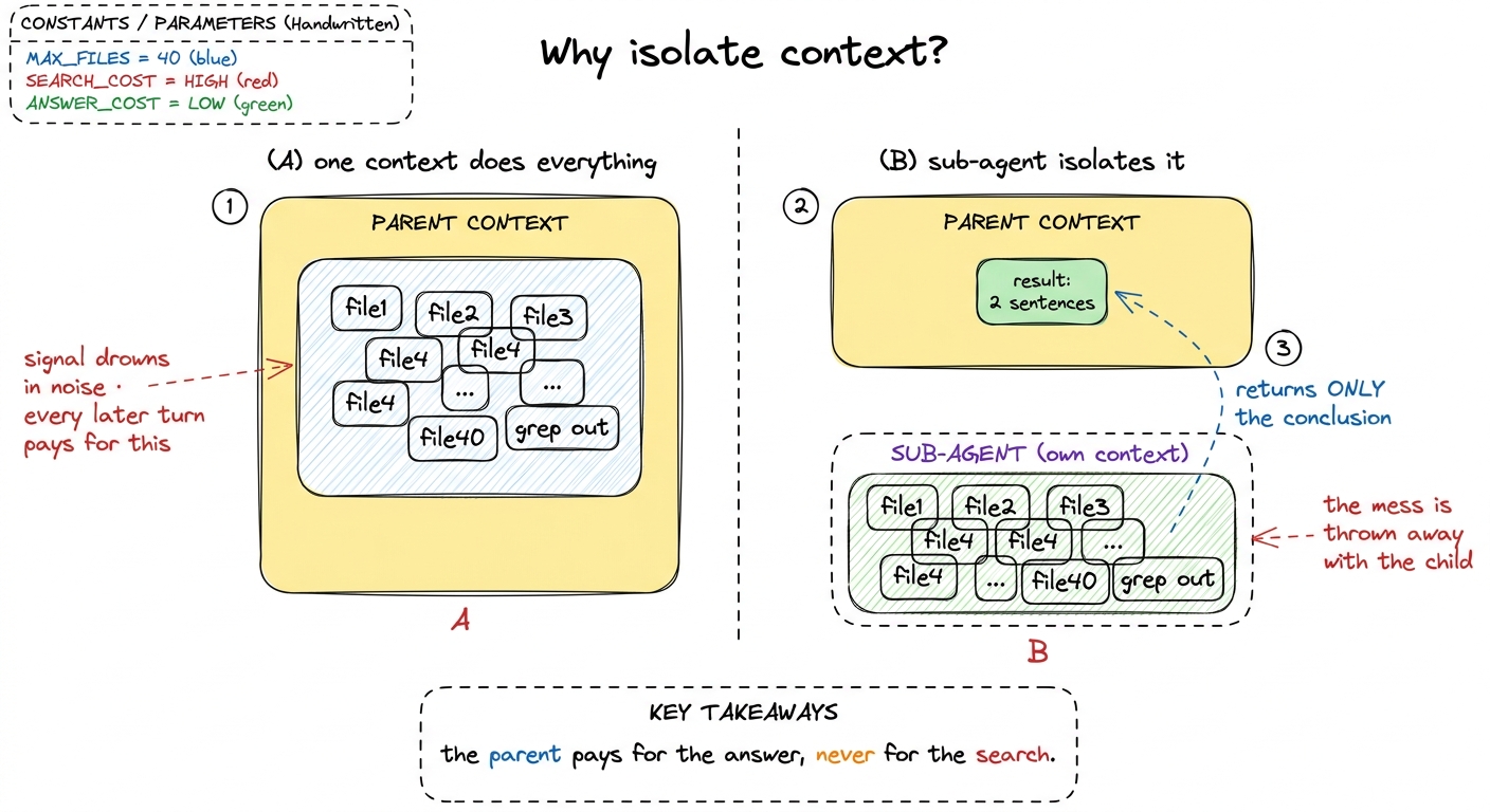 Left: one context absorbs all the search noise and degrades. Right: a sub-agent does the messy work in its own context a
