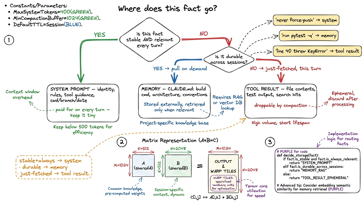 A placement flowchart: stable-and-always-relevant facts go in the system prompt, durable project facts in memory, and ju