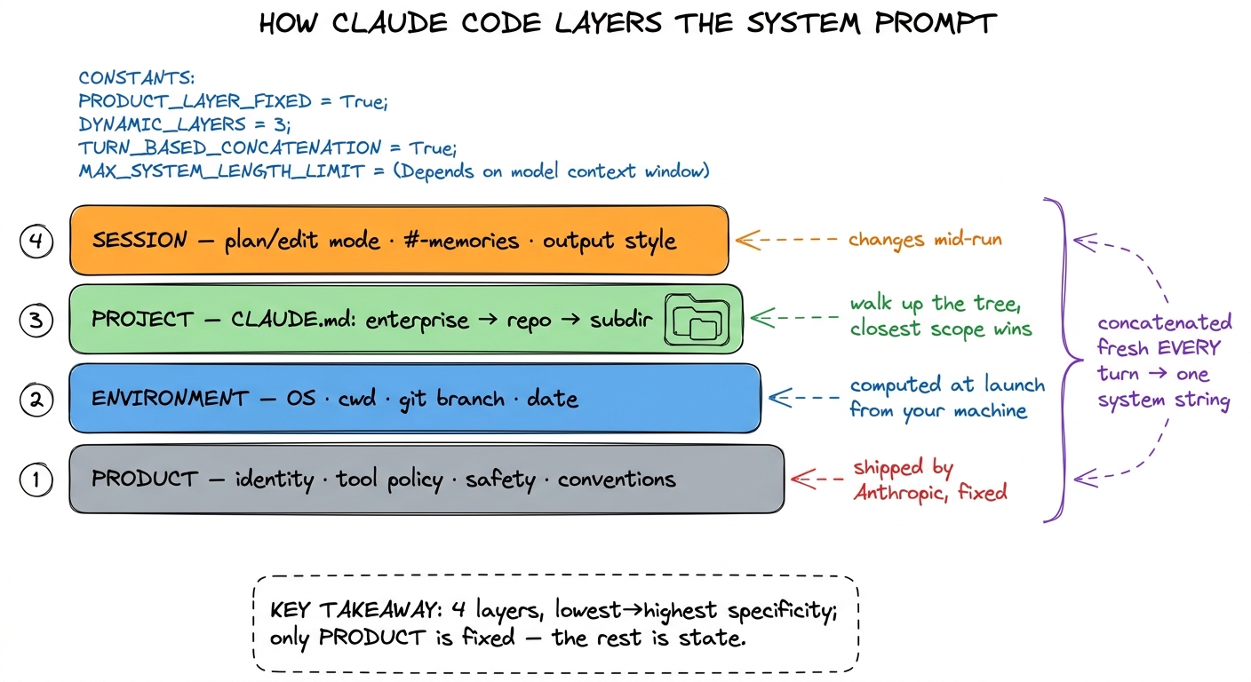 Claude Code's system prompt is four concatenated layers — product, environment, project, session — and only the product 