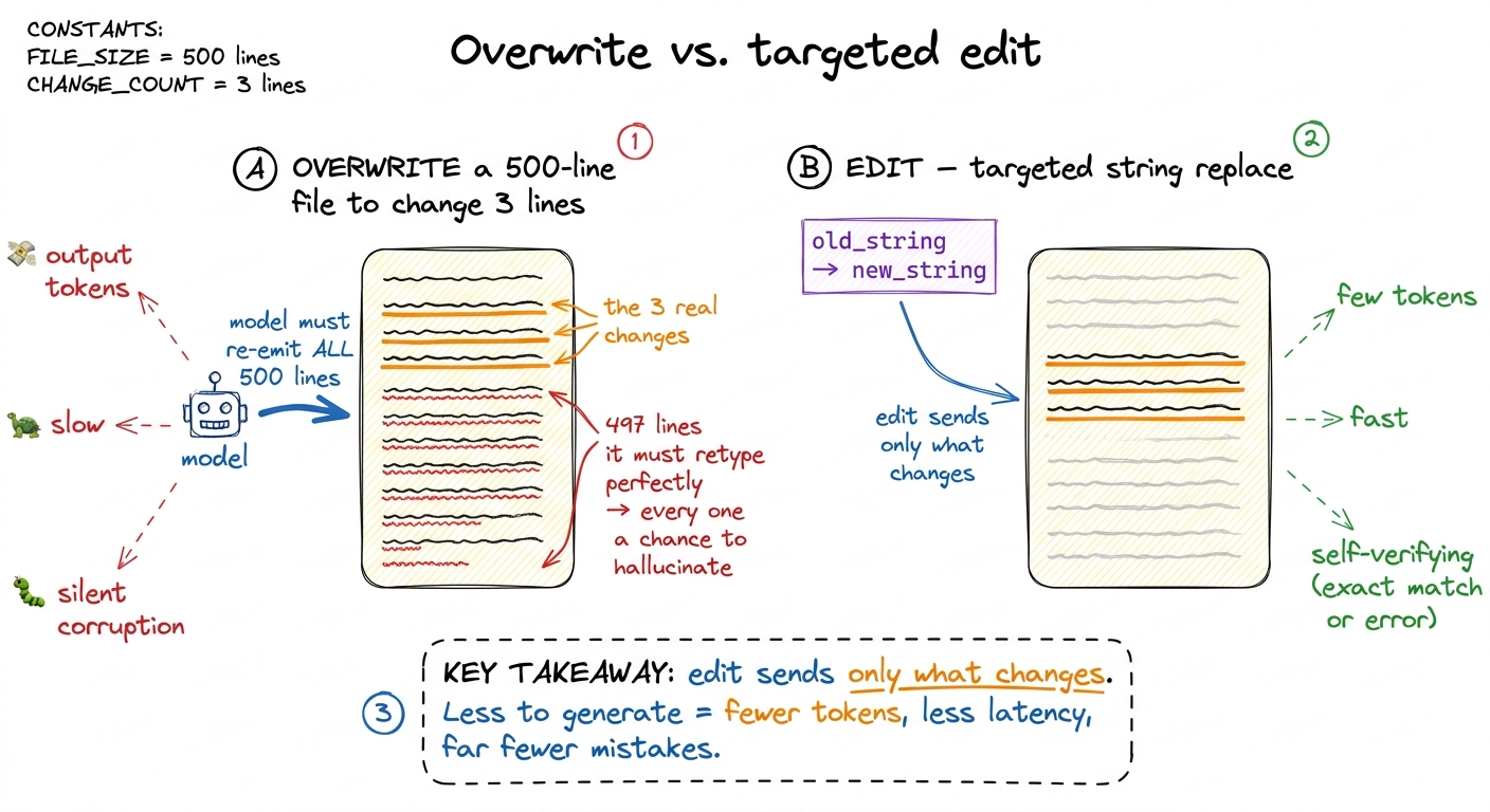 Overwrite forces the model to regenerate every line it meant to leave alone — slow, costly, and a hallucination on every
