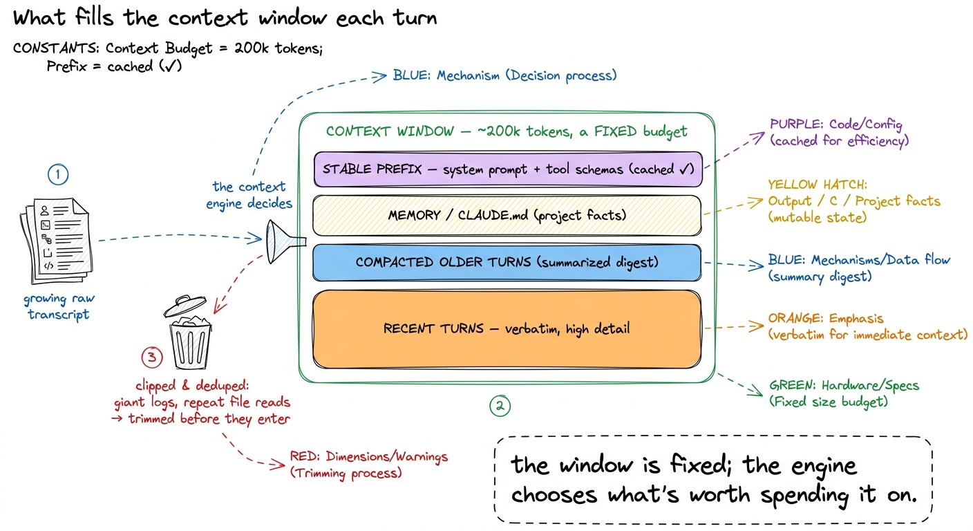 The context engine as a budget allocator: a fixed window filled deliberately — cached prefix, project memory, a compacte