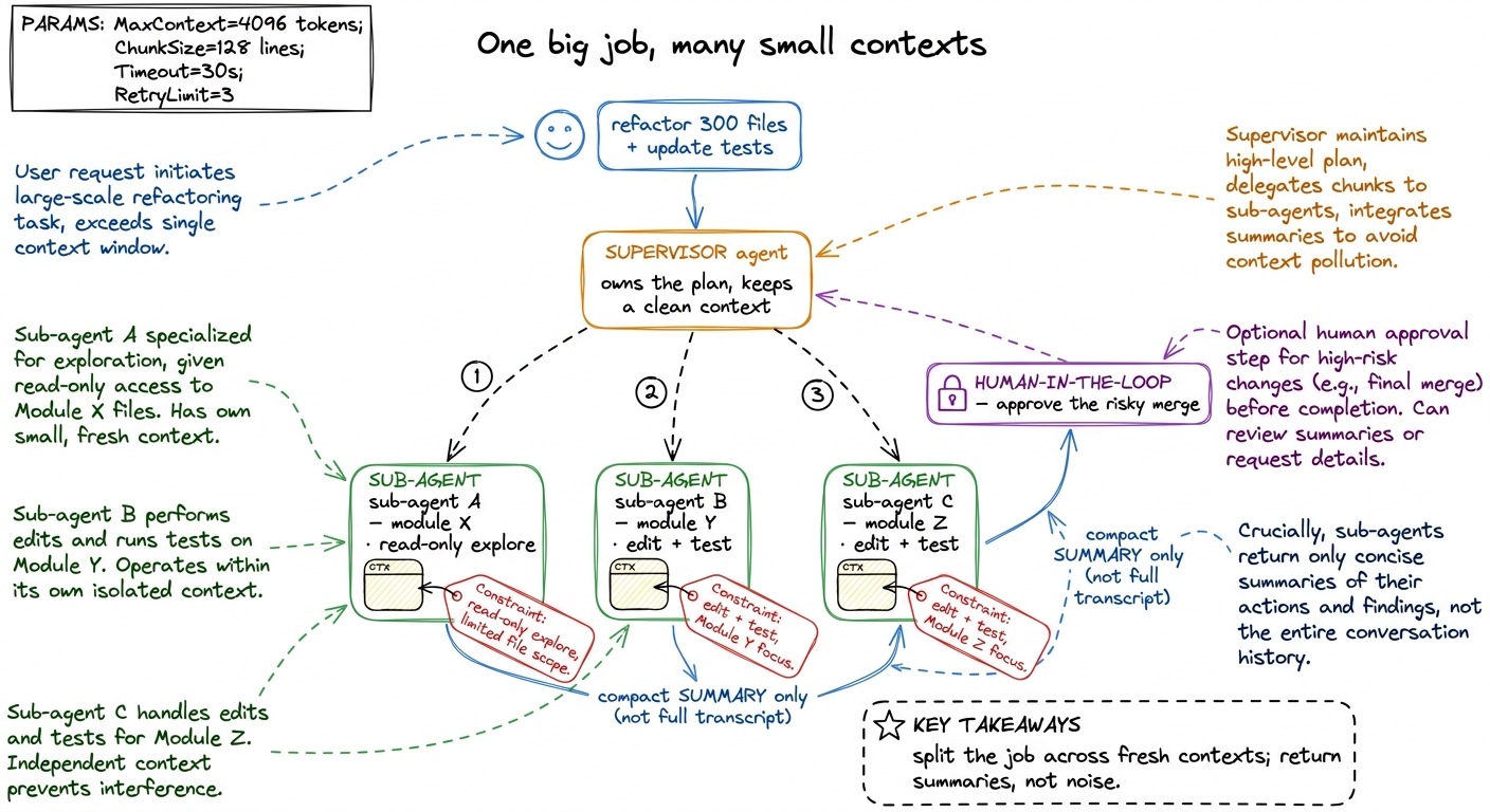 Orchestration scales past a single context: a supervisor fans a huge job out to bounded sub-agents with their own fresh 