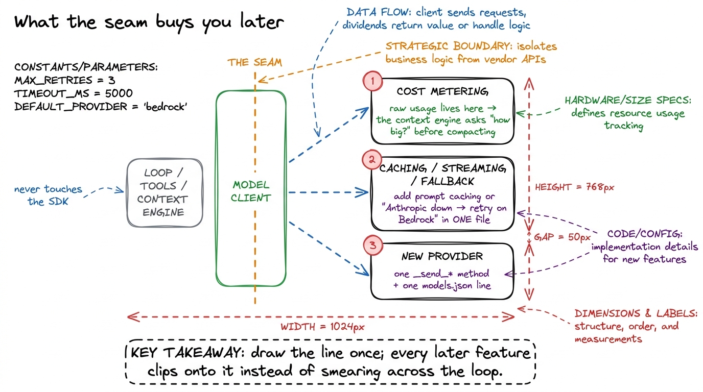 The client seam is not a one-time tidy-up — it is the single attachment point that cost metering, caching/fallback, and 