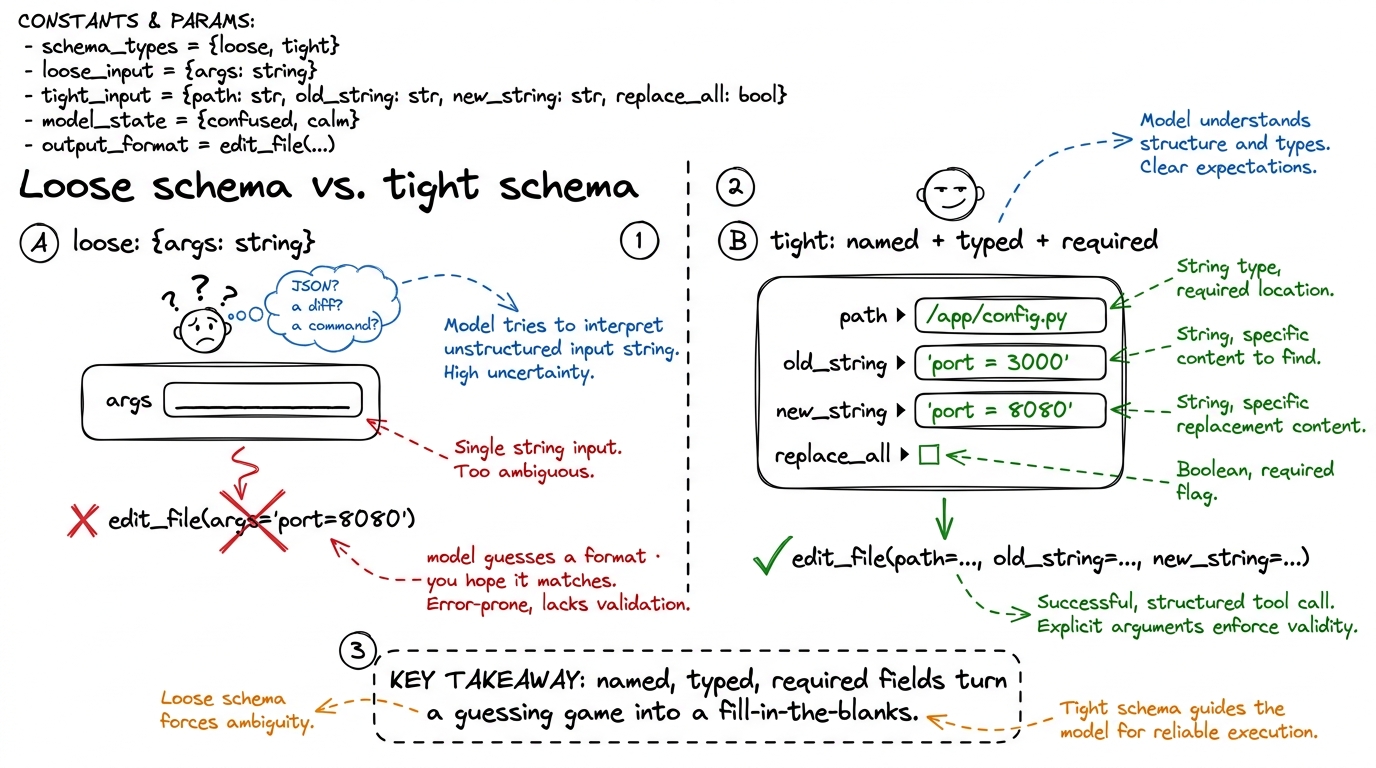 A loose schema forces the model to invent a format and hope it matches your function. A tight schema turns the call into