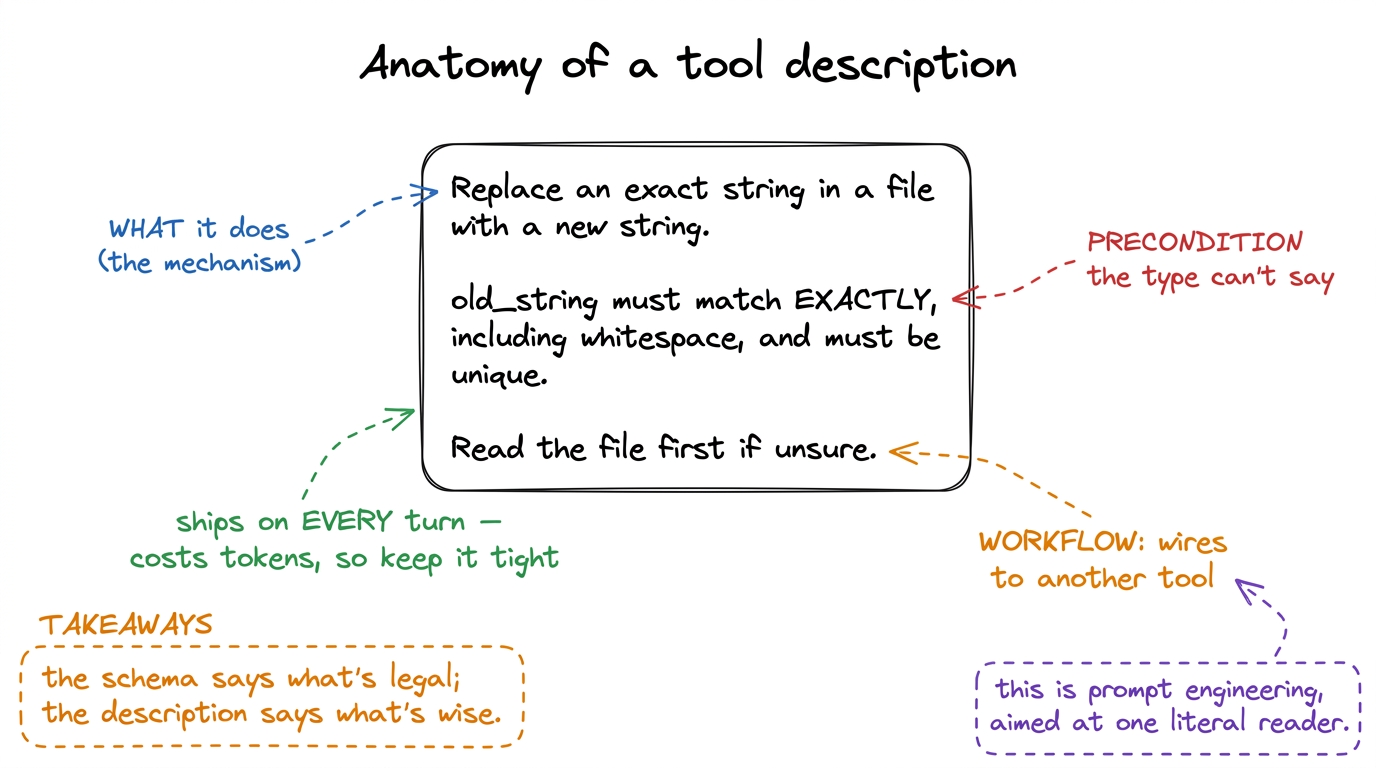 A description does three jobs the schema can't: it states the mechanism, encodes preconditions and gotchas, and wires to