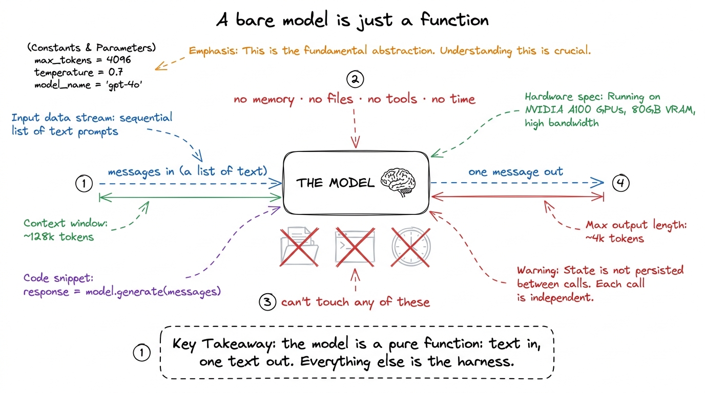 A bare model is a stateless function — text in, one text out. It cannot remember, act, or persist. Those powers come fro