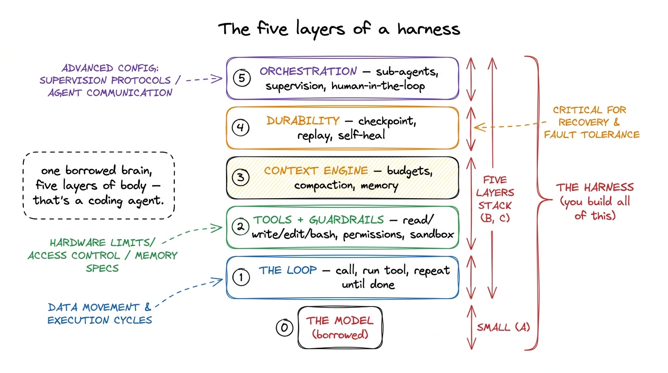 The five layers you build, bottom to top: the loop, tools + guardrails, the context engine, durability, and orchestratio